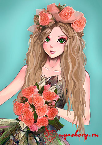 Girl in a wreath and with a bouquet